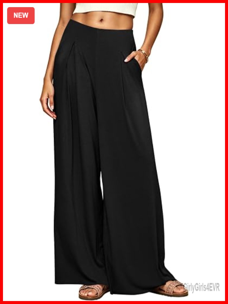 Flowy Wide Leg Palazzo Pants With Pockets High Waisted Ribbed